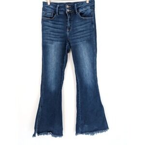 KanCan Signature High Rise Flare Frayed Slit Hem Jean Dark Wash‎ 28 Boho Retro